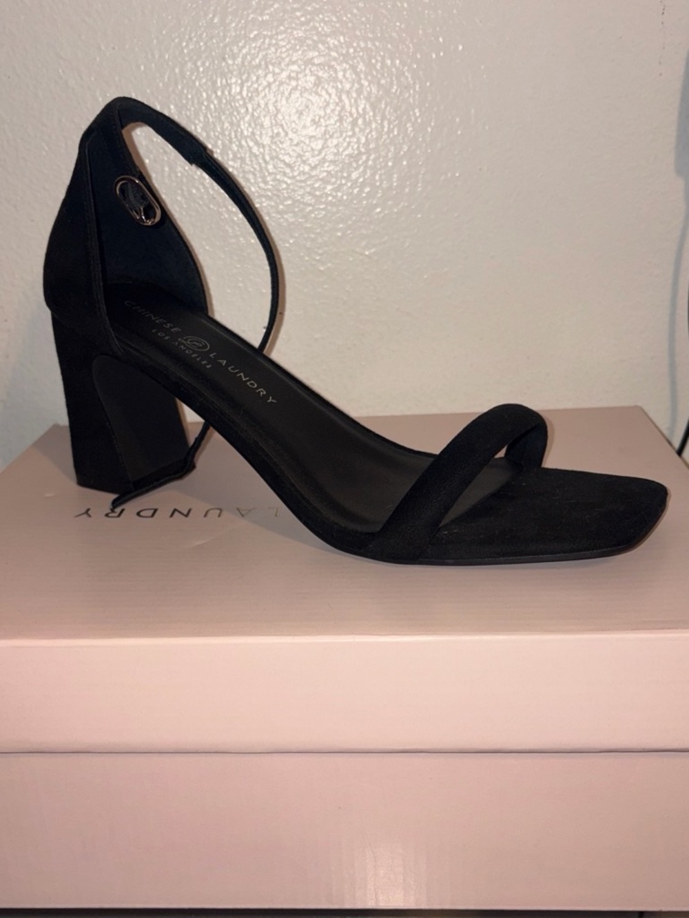 Chinese Laundry Black Suede Ankle-Strap Block Heel Sandal